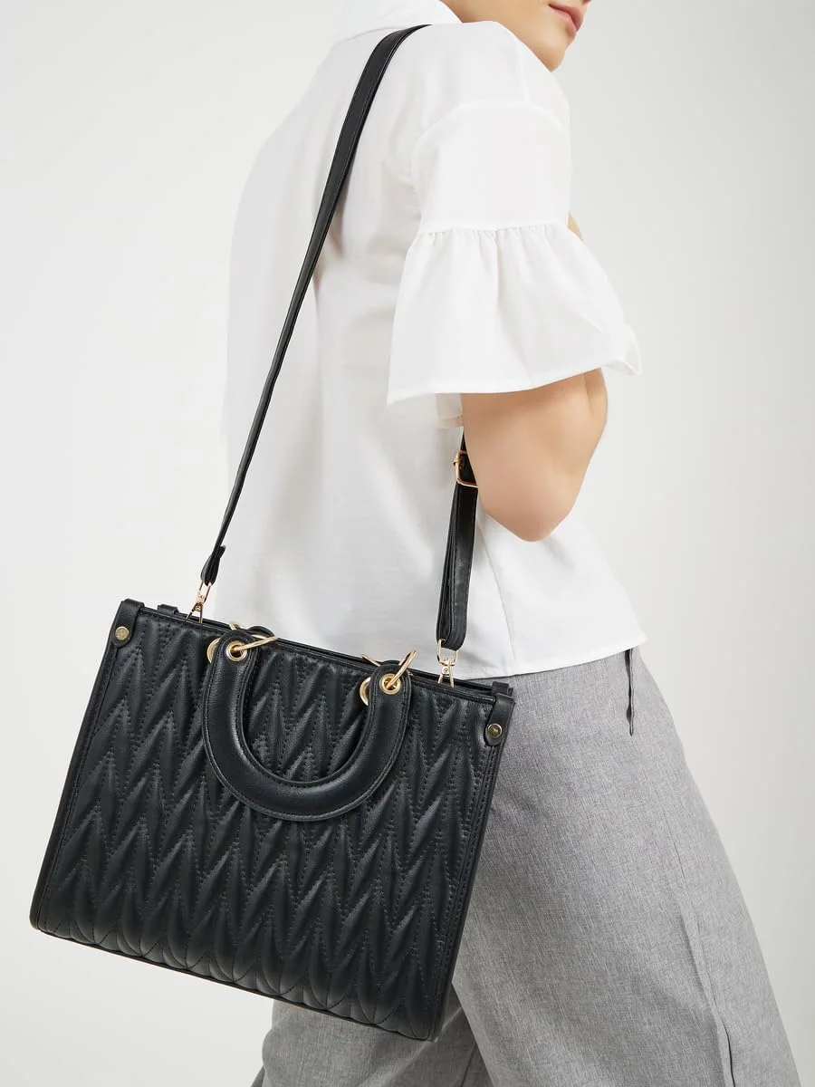 کیف دستی زنانه استایلی مدل Satchel با طرح لوزی و بند دوشی جداشدنی، سایز One Size، مشکی