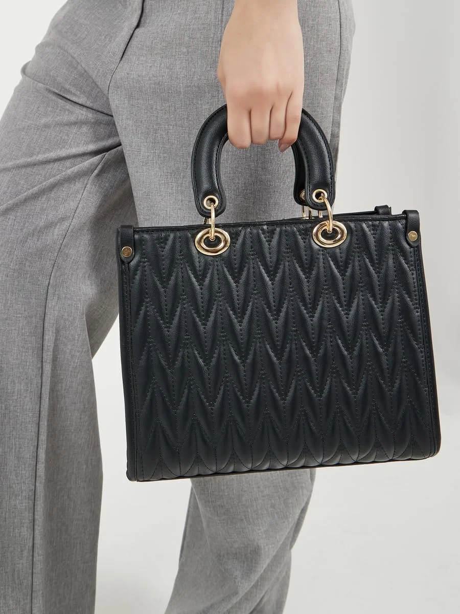 کیف دستی زنانه استایلی مدل Satchel با طرح لوزی و بند دوشی جداشدنی، سایز One Size، مشکی