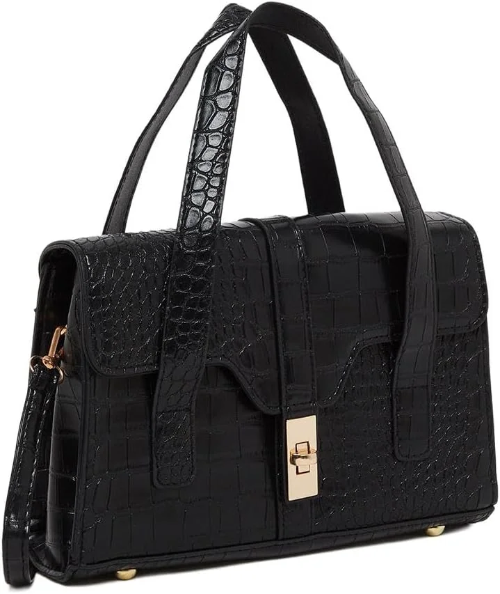 کیف دستی زنانه استایلی با طرح پوست کروکودیل و قفل طلایی، سایز واحد