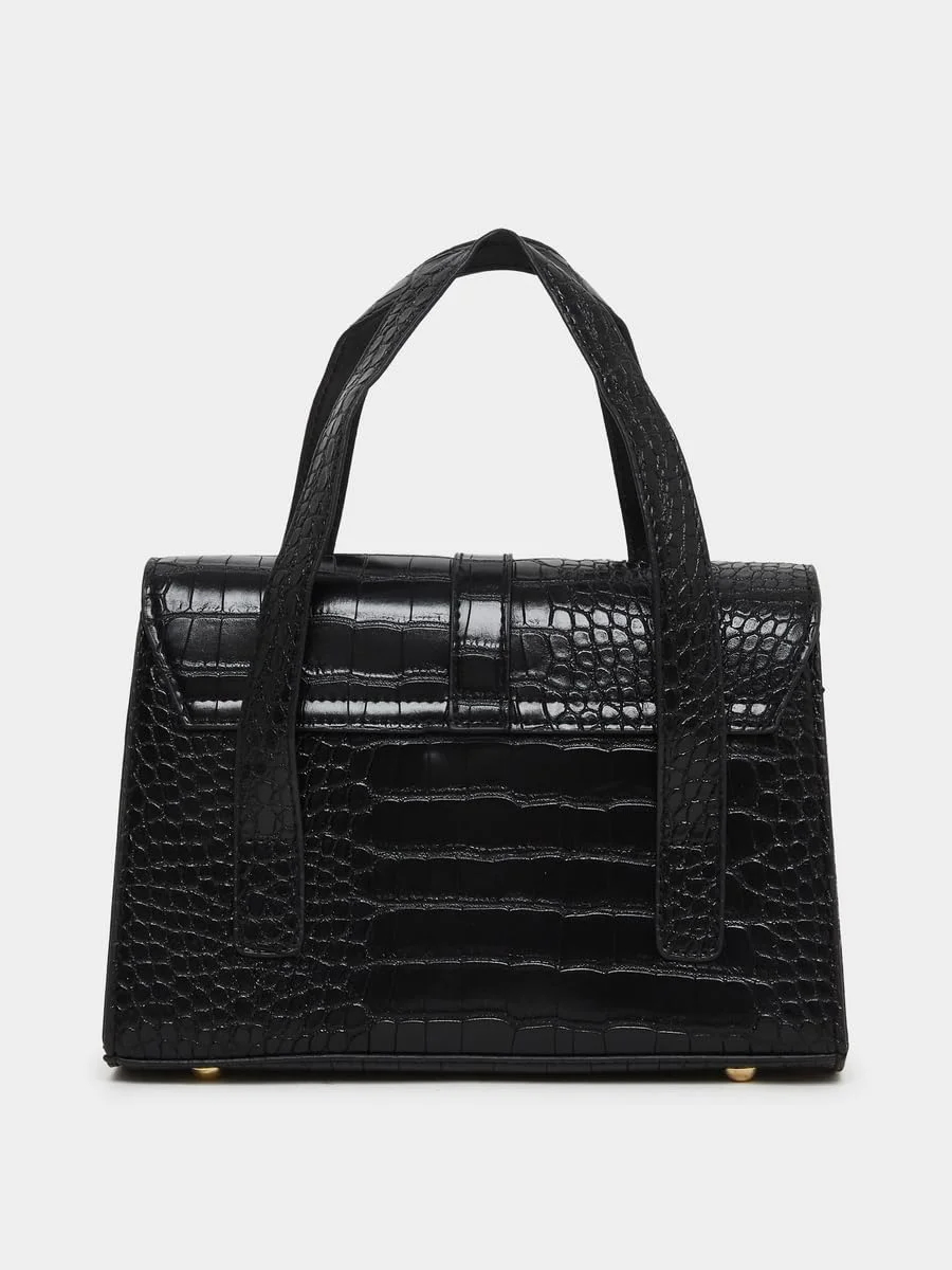 کیف دستی زنانه استایلی با طرح پوست کروکودیل و قفل طلایی، سایز واحد