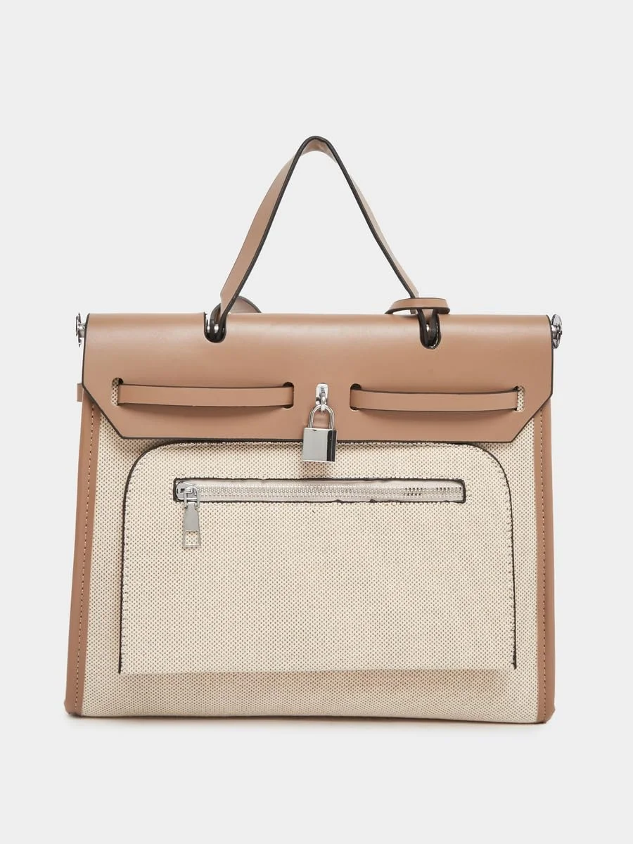 کیف دستی زنانه استایلی رنگی با دسته بالایی - خاکی