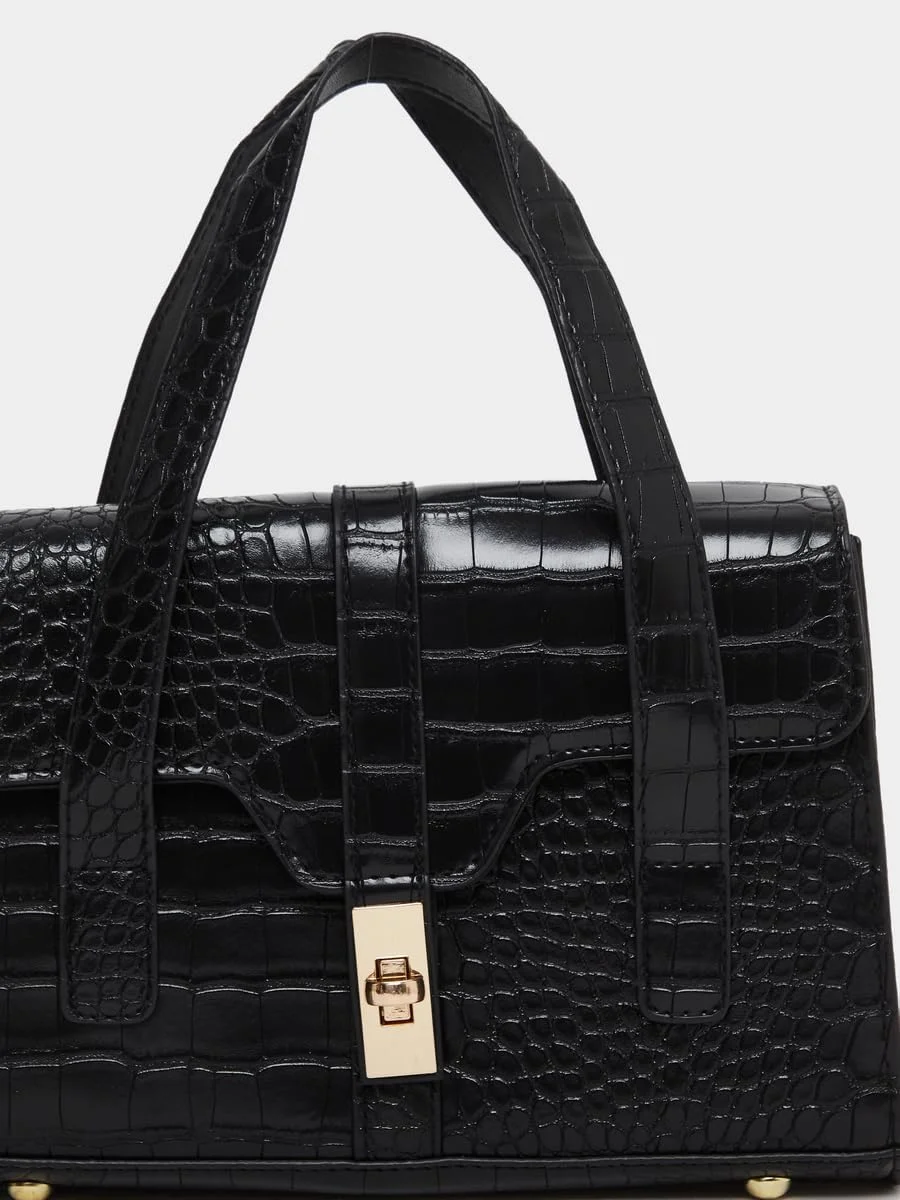 کیف دستی زنانه استایلی با طرح پوست کروکودیل و قفل طلایی، سایز واحد