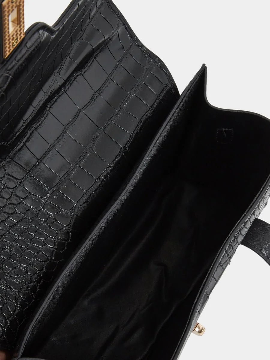 کیف دستی زنانه استایلی با طرح پوست کروکودیل و قفل طلایی، سایز واحد