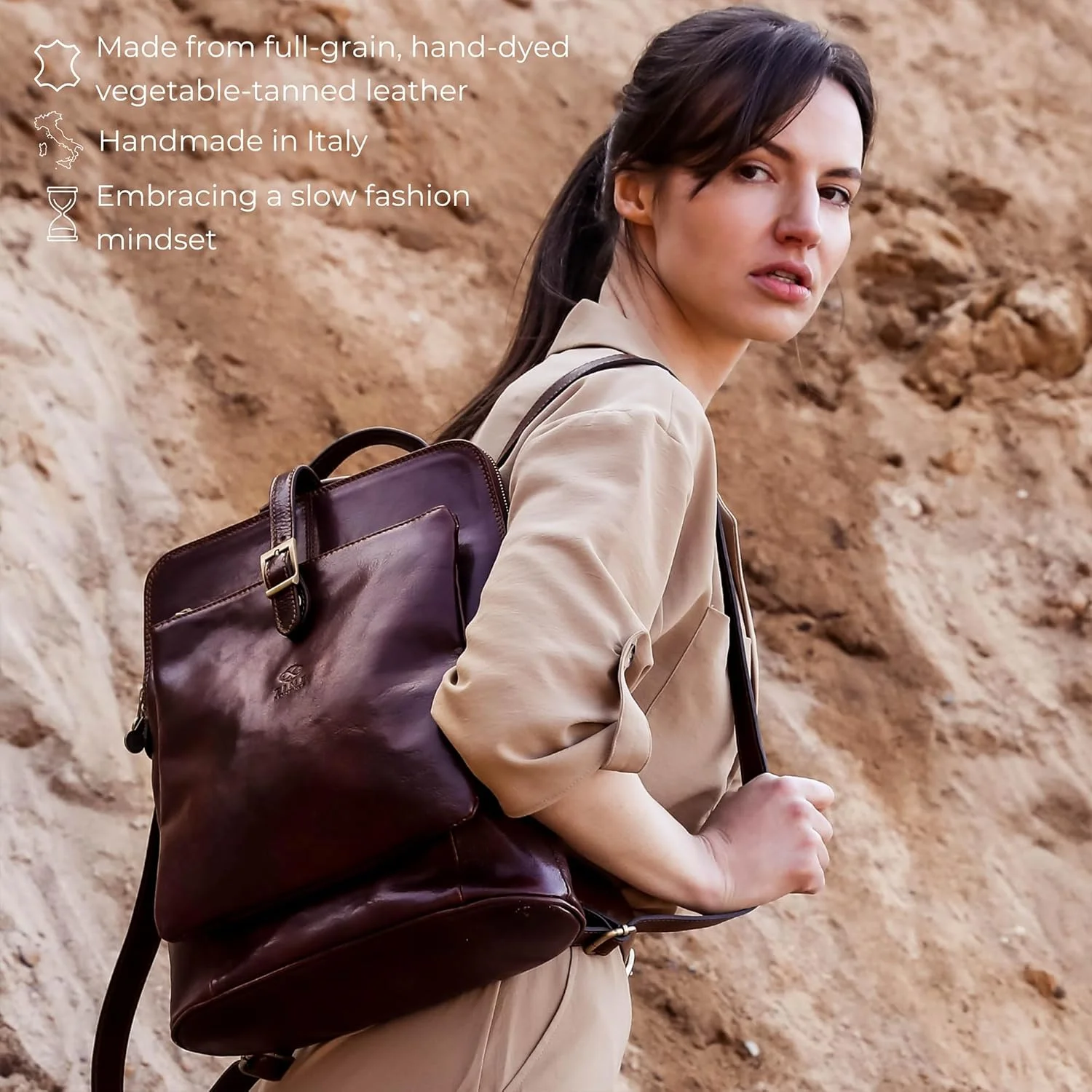 کیف کوله پشتی چرمی Time Resistance قابل تبدیل به کیف دوشی، چرم طبیعی دانه کامل، کیف مسافرتی