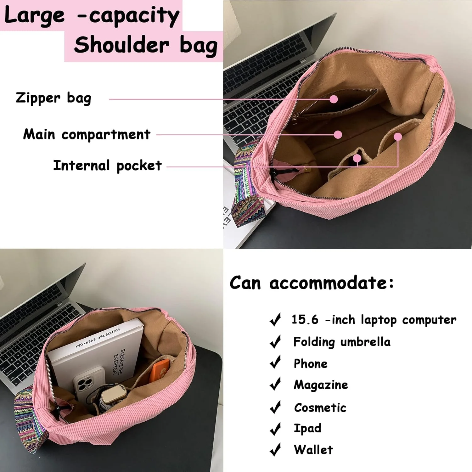 کیف دوشی بزرگ مخمل کبریتی TERRIFI، کیف دستی شیک، کیف دستی شیک برای خانم ها، ایده آل برای استفاده روزمره، مسافرت