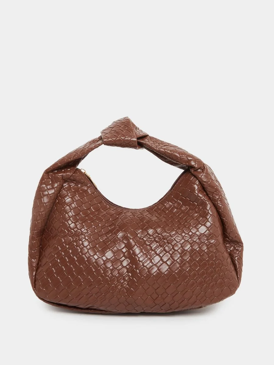 کیف دستی زنانه استایلی گره دار با بافت قهوه ای تک سایز کیف دستی زنانه استایلی گره دار با بافت قهوه ای تک سایز