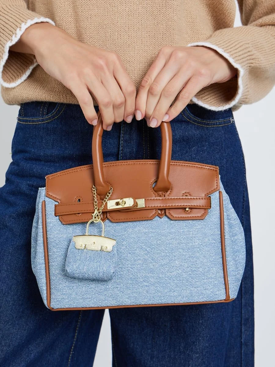 کیف دستی زنانه استایلی مدل Satchel جین آبی با جزئیات قهوه ای - آبی