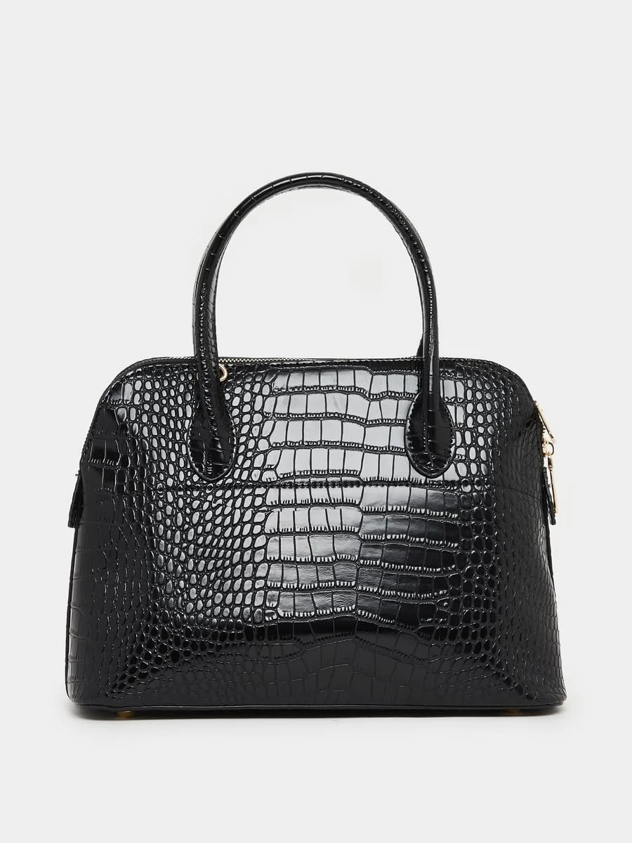کیف دستی زنانه استایلی با بافت چرم کروکودیلی، دسته بالایی و بست زیپی - مشکی کیف دستی زنانه استایلی با بافت چرم کروکودیلی، دسته بالایی و بست زیپی - مشکی