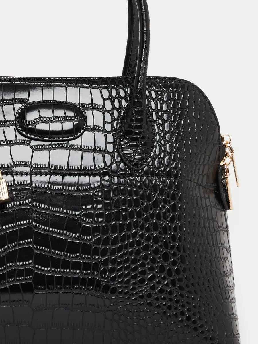 کیف دستی زنانه استایلی با بافت چرم کروکودیلی، دسته بالایی و بست زیپی - مشکی کیف دستی زنانه استایلی با بافت چرم کروکودیلی، دسته بالایی و بست زیپی - مشکی