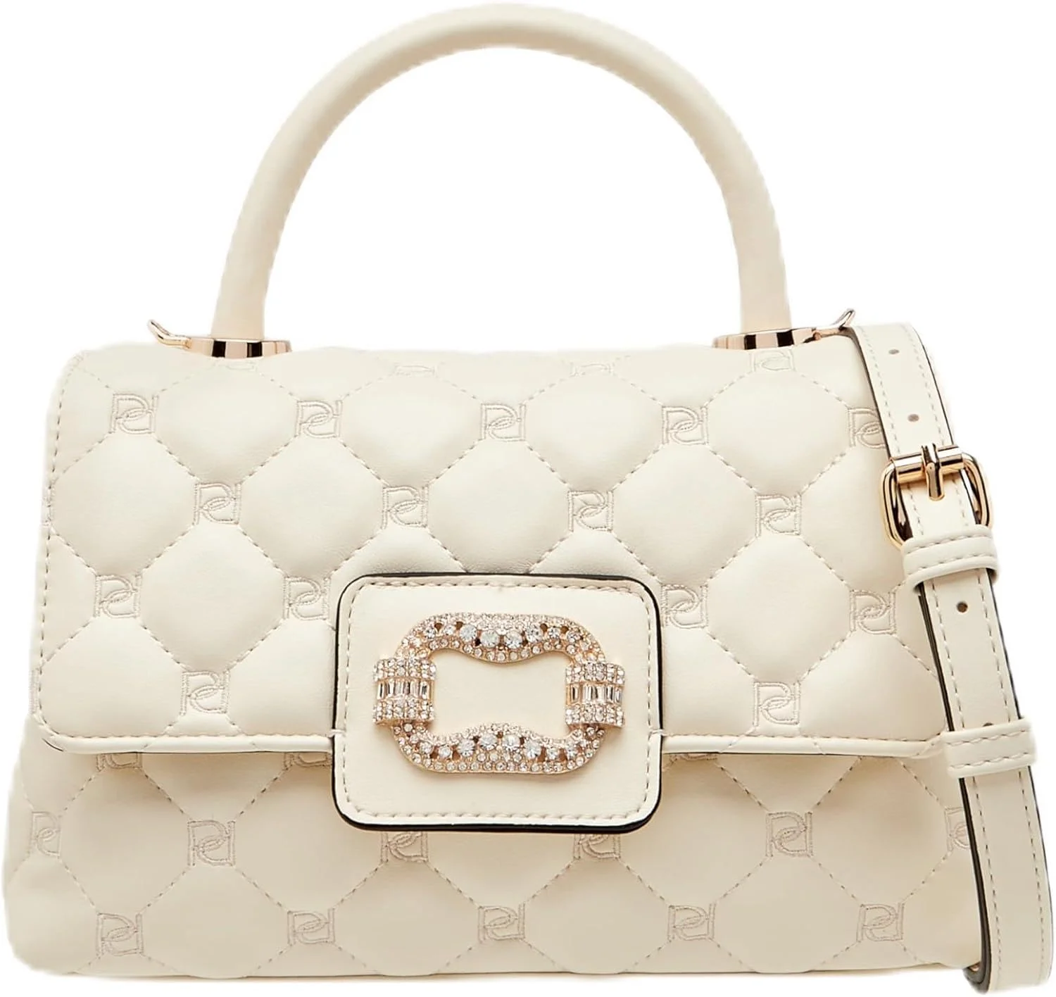 کیف دستی زنانه پاپریکا مدل Satchel با طرح لوزی، بند جداشدنی و درب دار - عاجی، سایز One Size