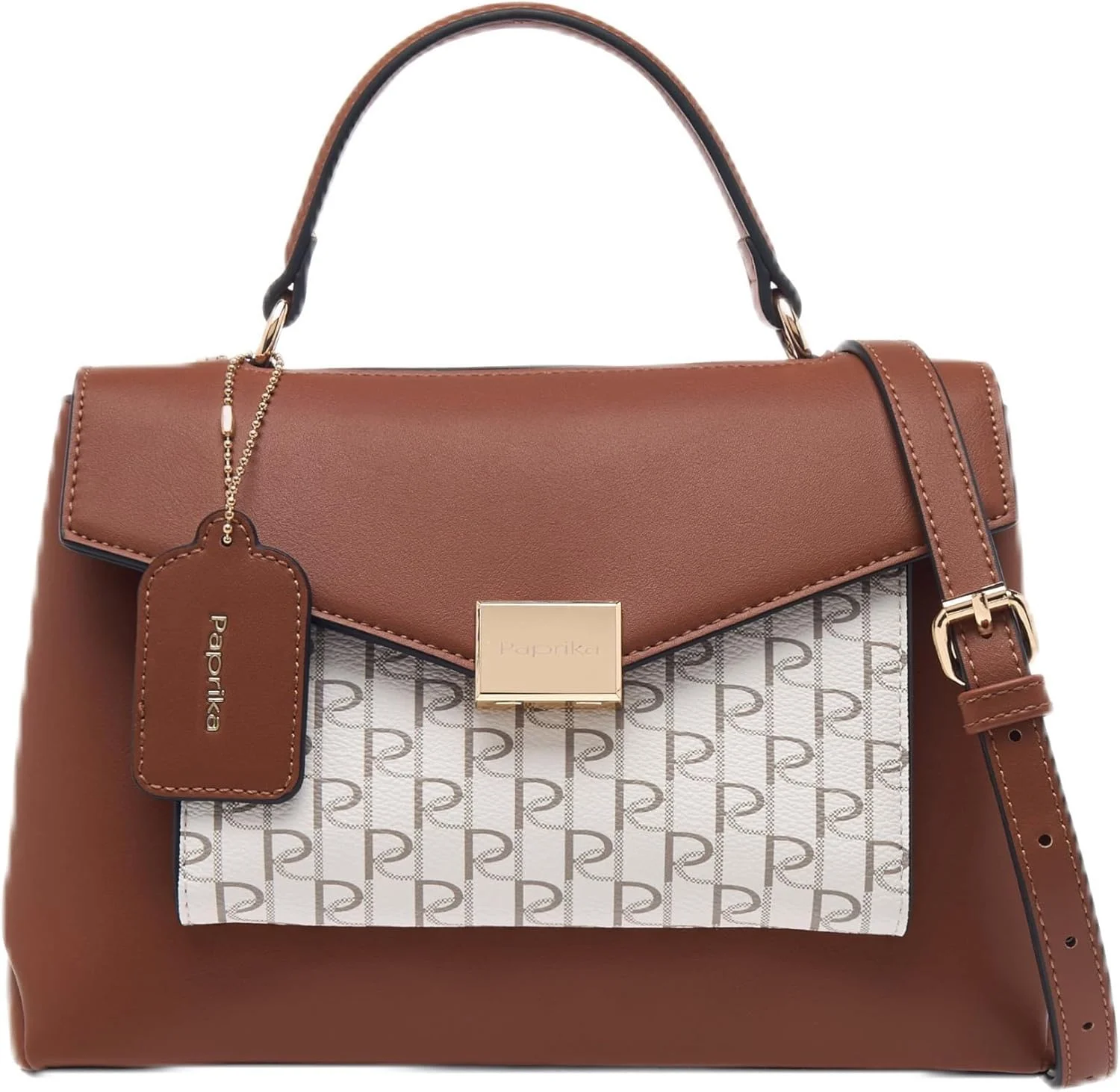 کیف دستی زنانه پاپريكا با طرح مونوگرام، دسته حمل و درب تاشو - رنگ قهوه ای روشن، تک سایز
