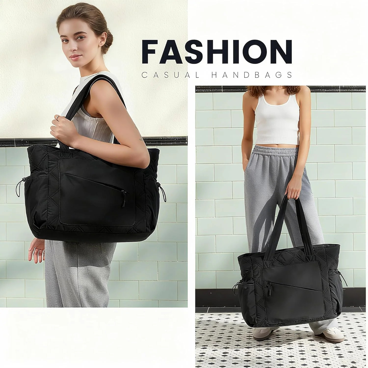 کیف دستی زنانه آنجو با جای لیوان، کیف پفی و کیف کار با زیپ، کیف شانه ای سبک وزن برای مسافرت، کار، باشگاه