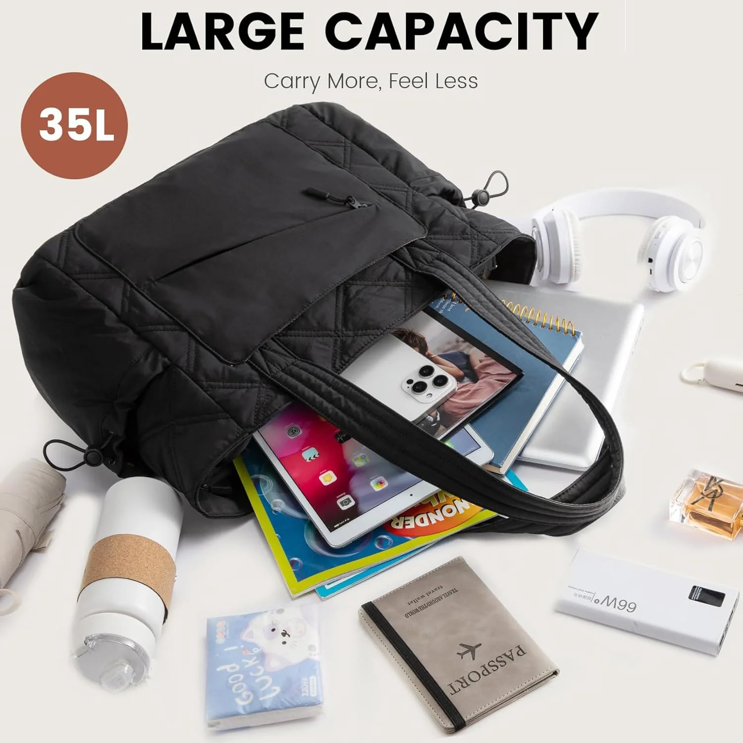 کیف دستی زنانه آنجو با جای لیوان، کیف پفی و کیف کار با زیپ، کیف شانه ای سبک وزن برای مسافرت، کار، باشگاه