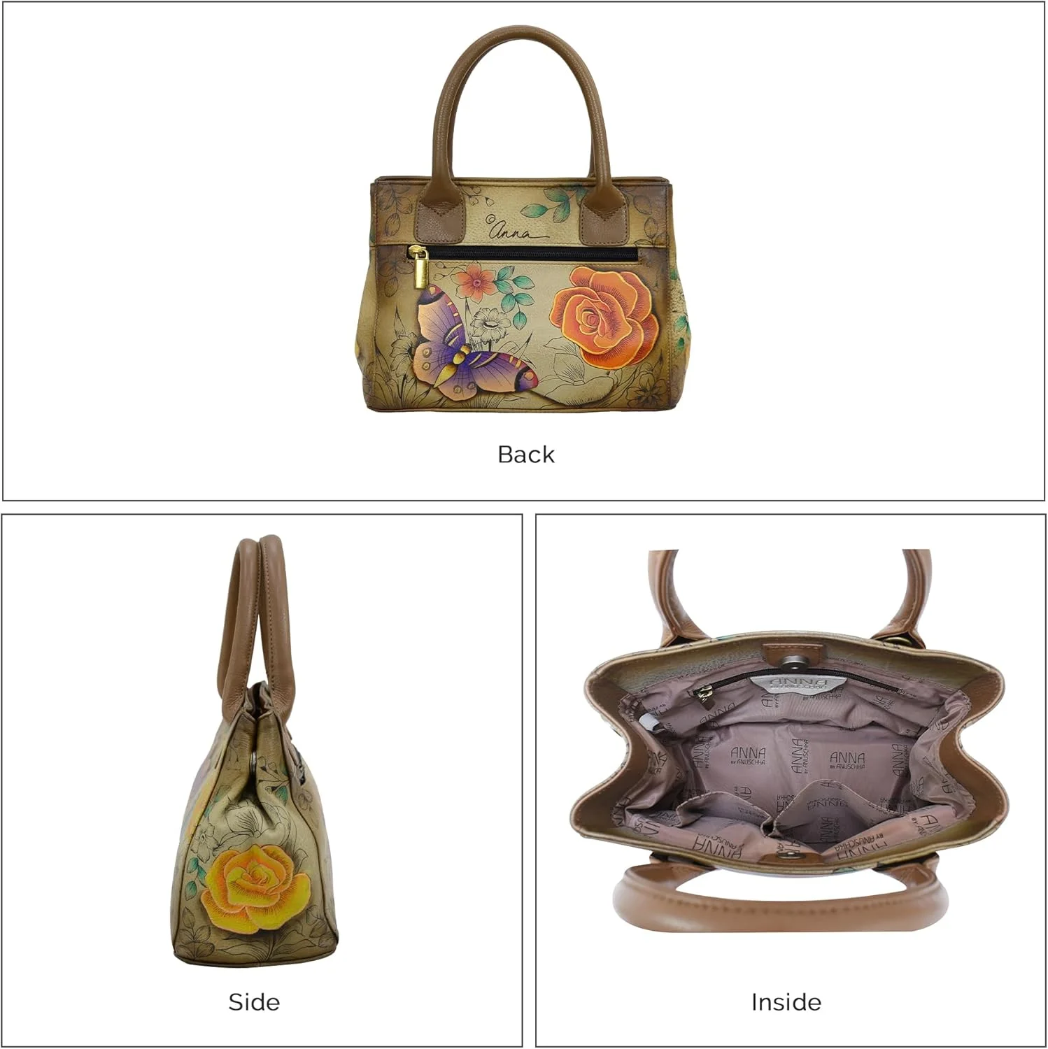 کیف دستی کوچک چرمی زنانه آنا با نقاشی دستی آنوشکا - دارای دو دسته کوتاه و بند دوشی قابل جدا شدن
