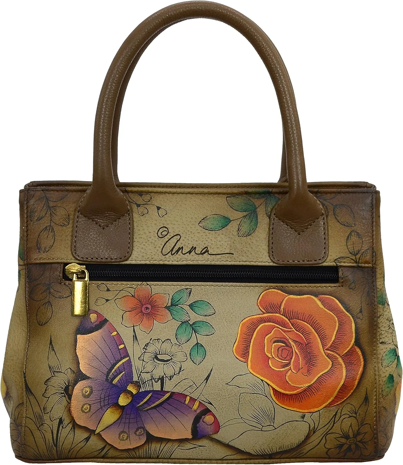 کیف دستی کوچک چرمی زنانه آنا با نقاشی دستی آنوشکا - دارای دو دسته کوتاه و بند دوشی قابل جدا شدن
