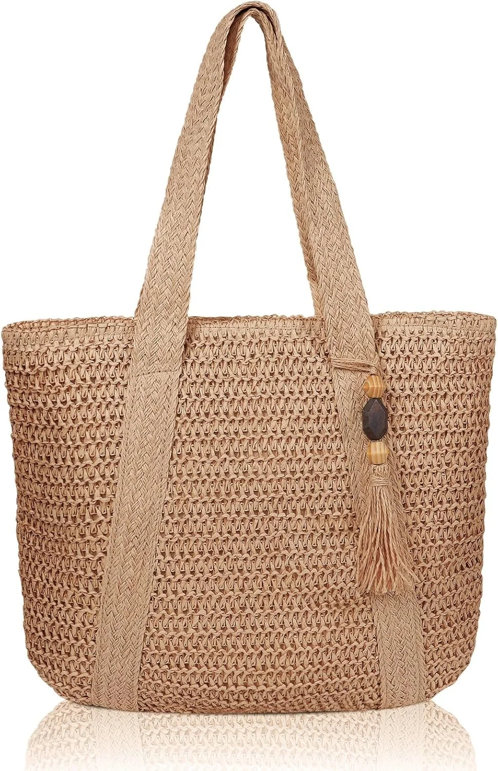 کیف حصیری ساحلی زنانه آزونه، کیف بزرگ حصیری با منگوله، کیف دستی بافته شده تابستانی، کیف شانه ای برای تعطیلات در فضای باز، کیف ساحلی، کیف دستی بافته شده تابستانی، کیف حصیری