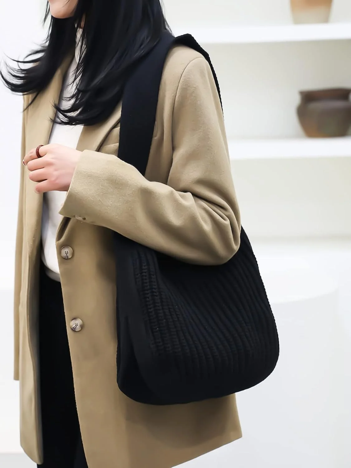 کیف بافتنی زنانه، کیف دوشی برای مسافرت و استفاده روزانه، کیف ساحلی سازگار با محیط زیست، بسته بندی هدیه زیبا، مشکی