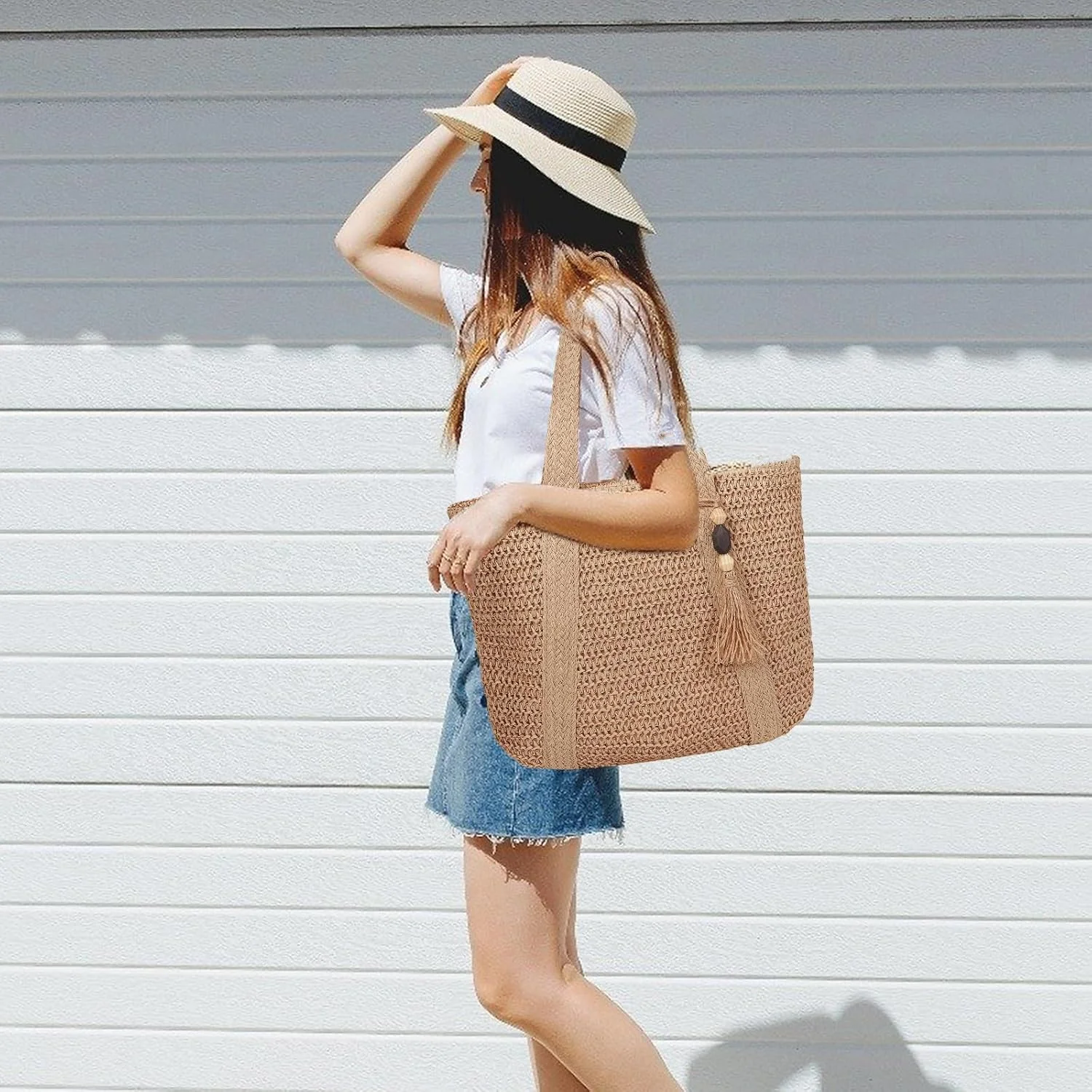 کیف حصیری ساحلی زنانه آزونه، کیف بزرگ حصیری با منگوله، کیف دستی بافته شده تابستانی، کیف شانه ای برای تعطیلات در فضای باز، کیف ساحلی، کیف دستی بافته شده تابستانی، کیف حصیری