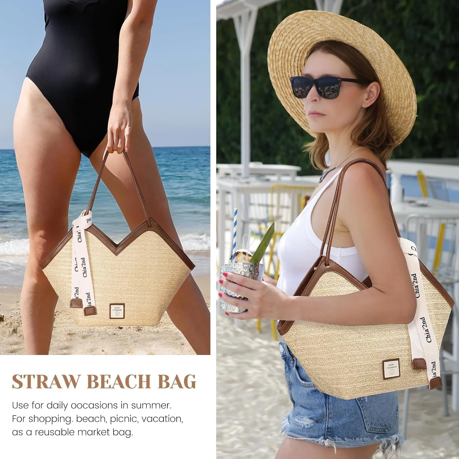 کیف حصیری ساحلی زنانه آزونه | کیف دوشی بافت تابستانی با زیپ | کیف سبک وزن تعطیلات - شیک برای ساحل، خرید، پیک نیک و استفاده روزانه