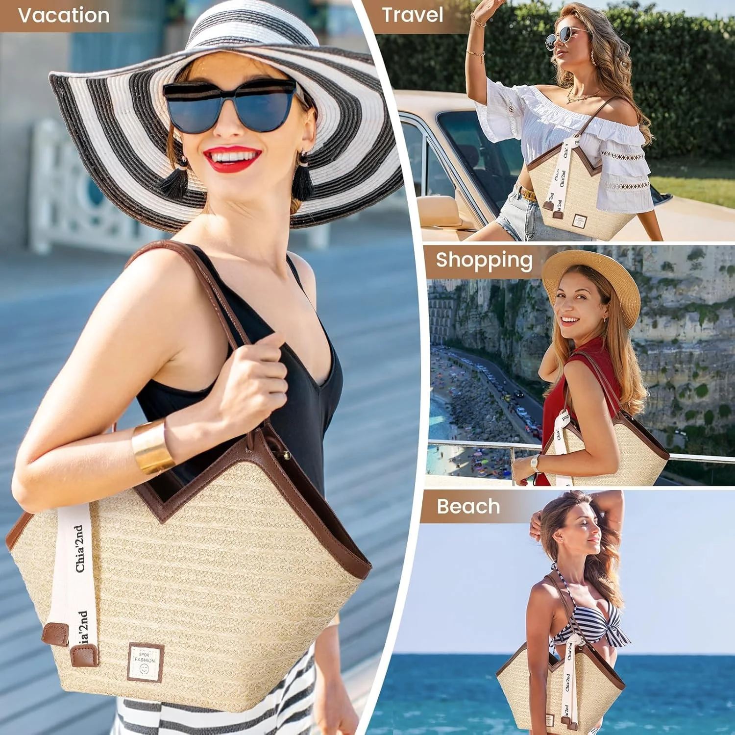 کیف حصیری ساحلی زنانه آزونه | کیف دوشی بافت تابستانی با زیپ | کیف سبک وزن تعطیلات - شیک برای ساحل، خرید، پیک نیک و استفاده روزانه