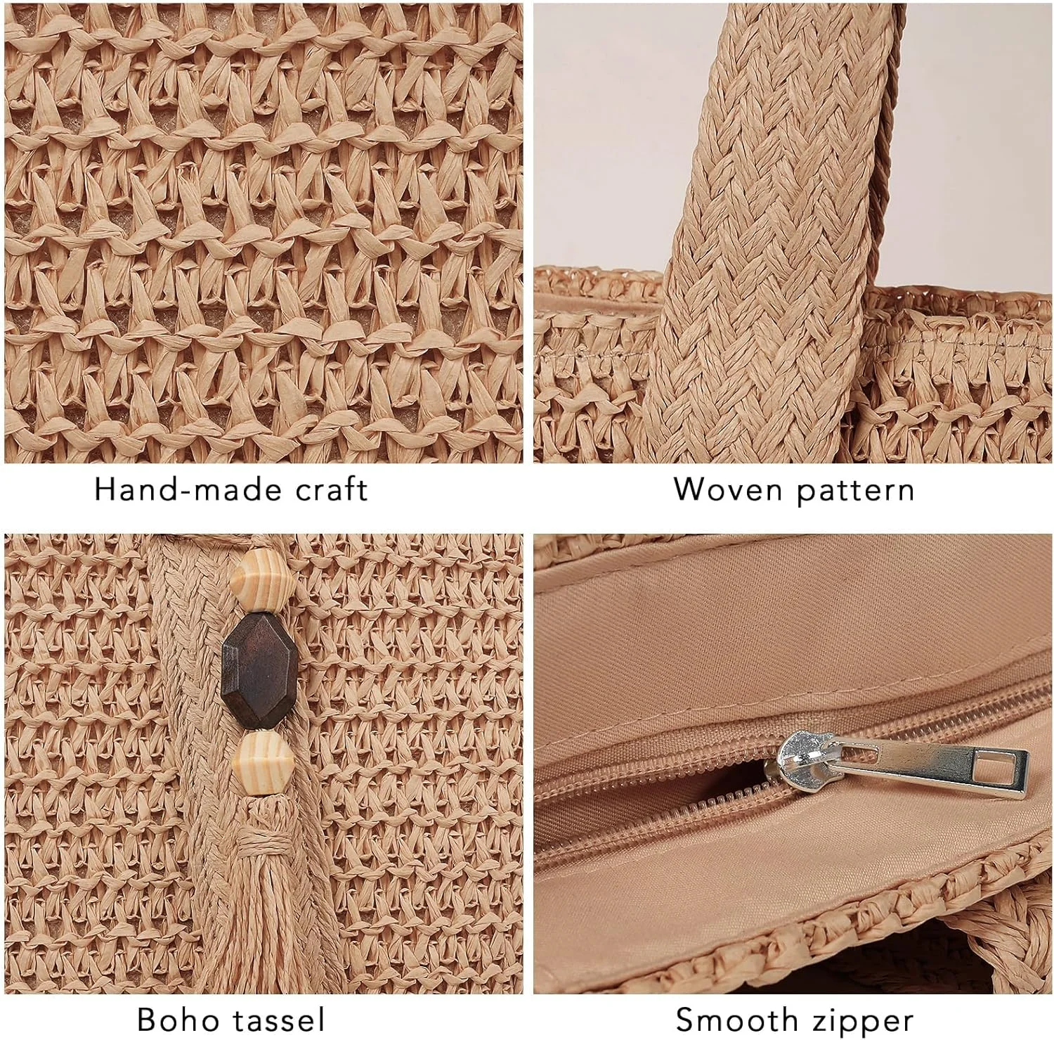 کیف حصیری ساحلی زنانه آزونه، کیف بزرگ حصیری با منگوله، کیف دستی بافته شده تابستانی، کیف شانه ای برای تعطیلات در فضای باز، کیف ساحلی، کیف دستی بافته شده تابستانی، کیف حصیری
