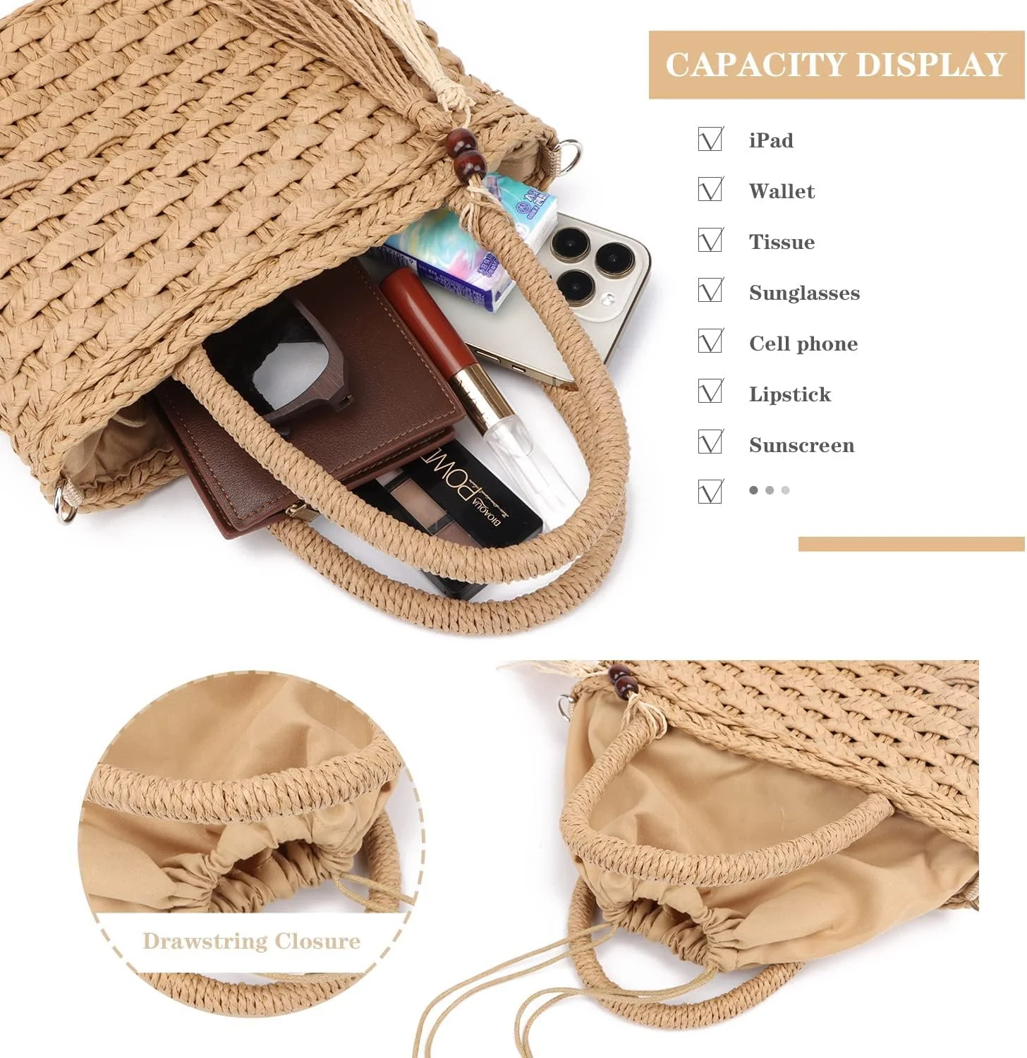 کیف دستی حصیری Azonee مناسب بانوان، کیف دستی حصیری غیر رسمی تابستانی، کیف ساحلی بافته شده دست ساز، کیف دستی بزرگ بافته شده برای تعطیلات ساحلی تابستانی