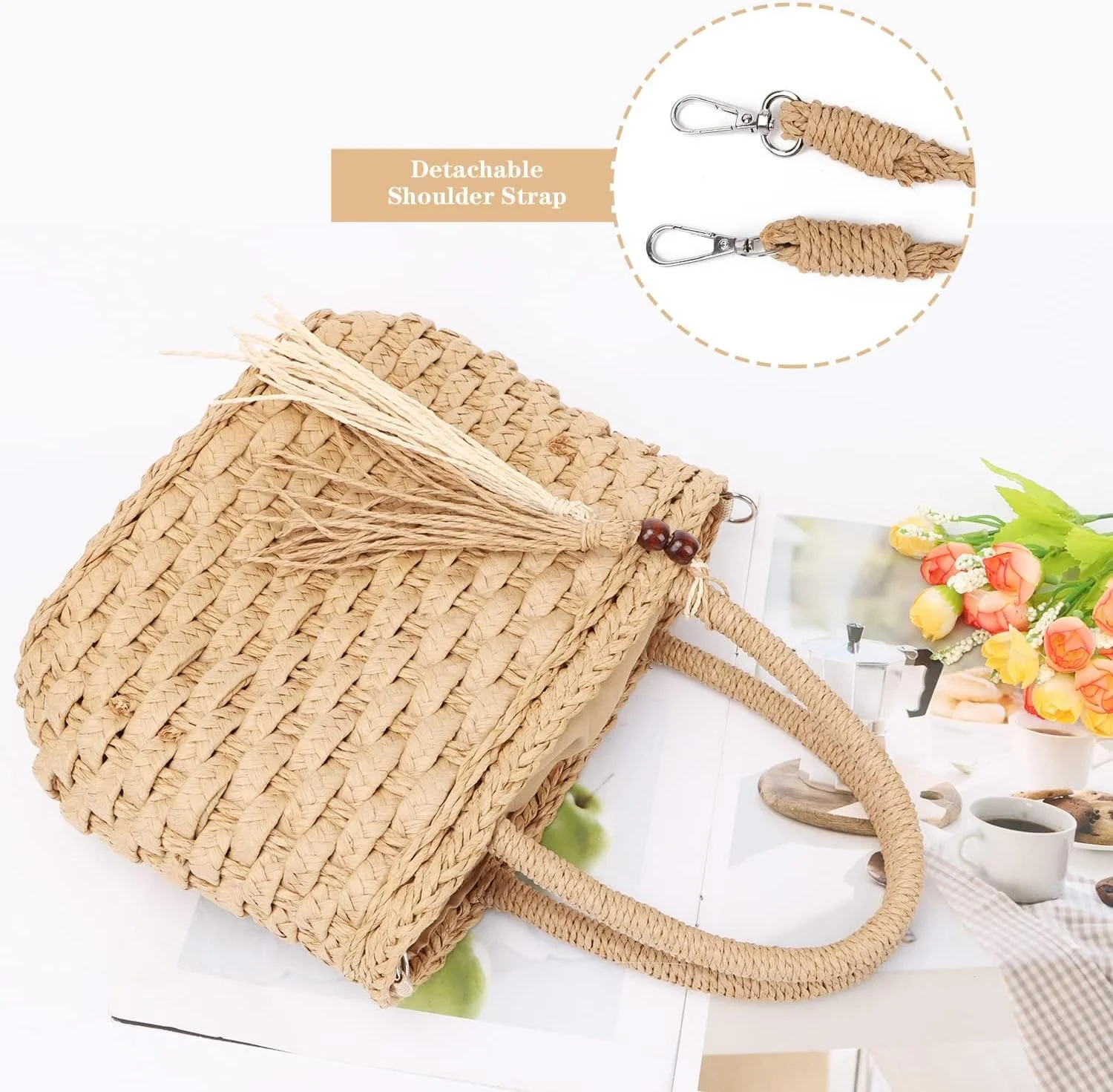 کیف دستی حصیری Azonee مناسب بانوان، کیف دستی حصیری غیر رسمی تابستانی، کیف ساحلی بافته شده دست ساز، کیف دستی بزرگ بافته شده برای تعطیلات ساحلی تابستانی