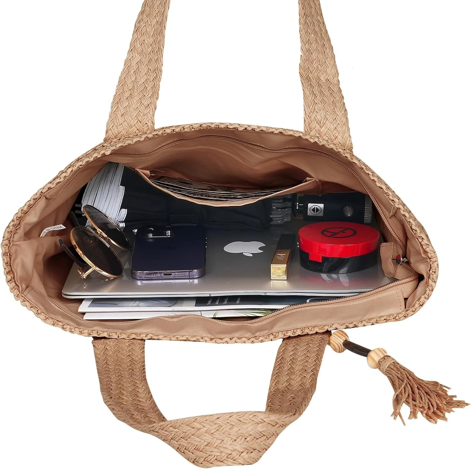 کیف حصیری ساحلی زنانه آزونه، کیف بزرگ حصیری با منگوله، کیف دستی بافته شده تابستانی، کیف شانه ای برای تعطیلات در فضای باز، کیف ساحلی، کیف دستی بافته شده تابستانی، کیف حصیری