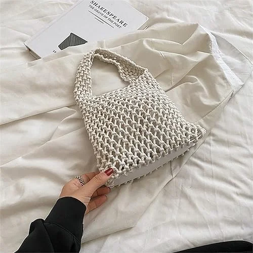 کیف دستی بافتنی آزونه، کیف بافتنی توخالی طناب پنبه ای دست ساز، کیف دستی ساحلی، کیف دستی ساحلی پنبه ای قلاب بافی دست ساز شیک برای زنان - کیف پول تابستانی بند دار