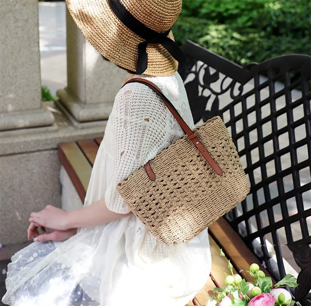 کیف حصیری زنانه آزونه، کیف دستی ساحلی تابستانی بافته شده با دست، کیف دوشی با ظرفیت بزرگ، کیف دستی شیک با دسته بالایی کیف حصیری زنانه آزونه، کیف دستی ساحلی تابستانی بافته شده با دست، کیف دوشی با ظرفیت بزرگ، کیف دستی شیک با دسته بالایی