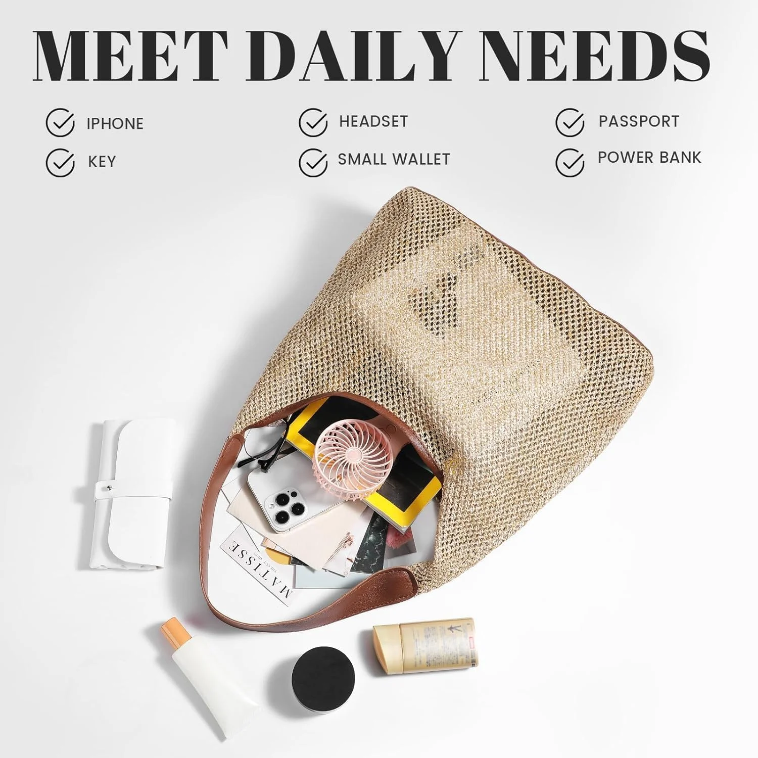 کیف ساحلی توری زنانه آزون، کیف دستی حصیری سبک وزن، ضد آب و تاشو، با کیف نگهداری برای مسافرت، تعطیلات و فعالیت های خارج از منزل - برای شنا، کمپینگ و خرید (قهوه ای)