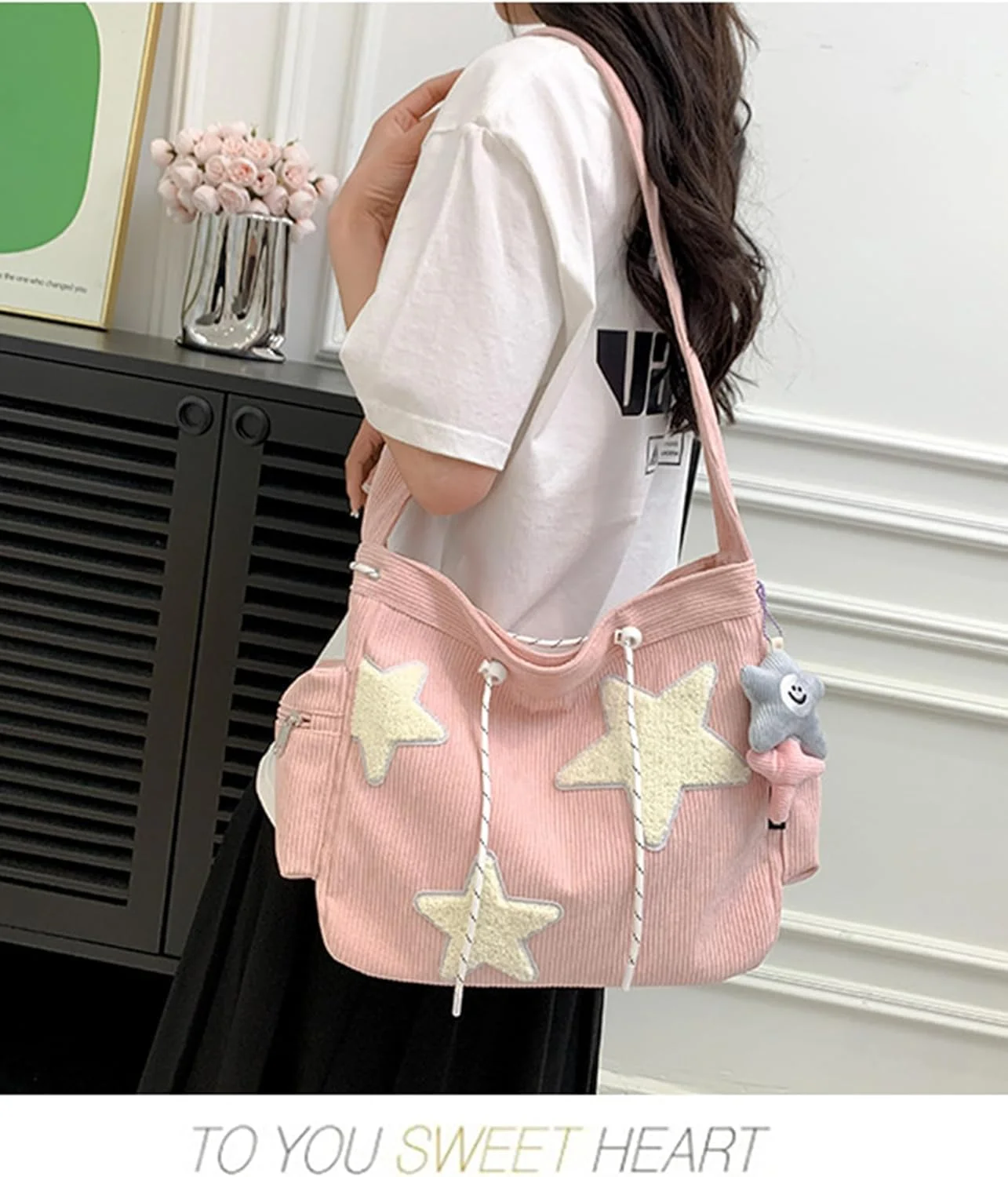 کیف دوشی مخملی کبریتی، کیف دستی کراس بادی زیبا، کیف دستی مدرسه ای صورتی، برای کیف های خرید مسافرتی کار مدرسه برای زنان (صورتی)