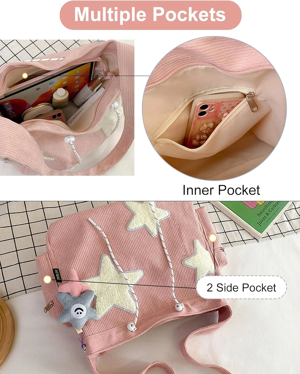 کیف دوشی مخملی کبریتی، کیف دستی کراس بادی زیبا، کیف دستی مدرسه ای صورتی، برای کیف های خرید مسافرتی کار مدرسه برای زنان (صورتی)