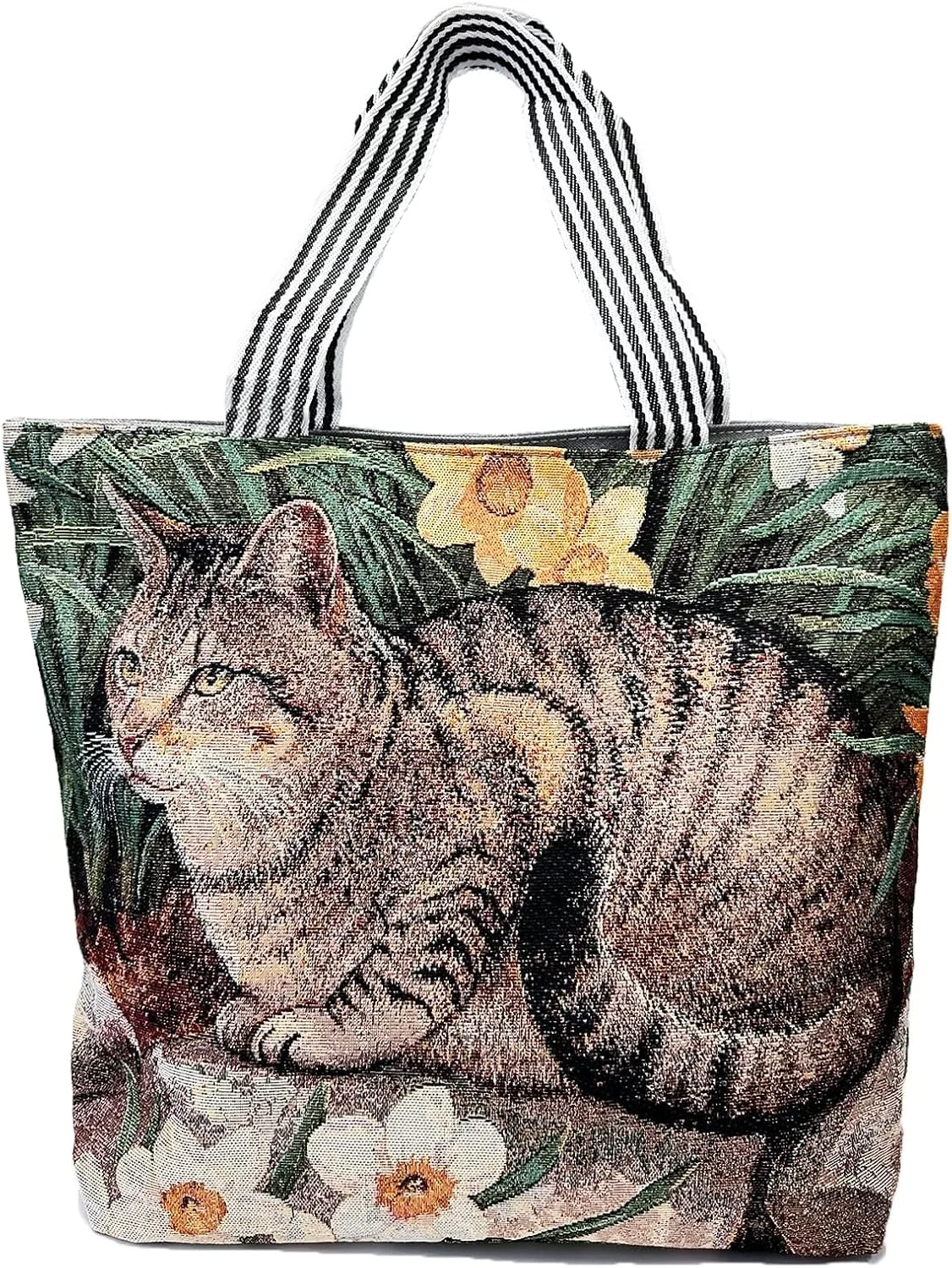کیف دستی بوم طرح گربه، کیف شانه ای زیبا با زیپ برای خانم ها، کیف دستی بوم سنگین و قابل استفاده مجدد با طرح قدیمی برای خرید مواد غذایی، کیف دستی پارچه ای با طرح و جیب