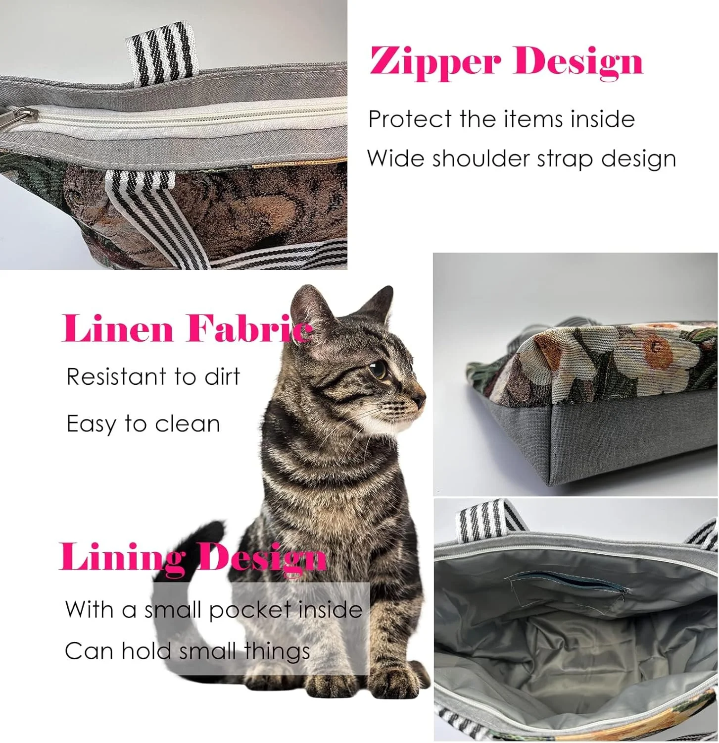 کیف دستی بوم طرح گربه، کیف شانه ای زیبا با زیپ برای خانم ها، کیف دستی بوم سنگین و قابل استفاده مجدد با طرح قدیمی برای خرید مواد غذایی، کیف دستی پارچه ای با طرح و جیب