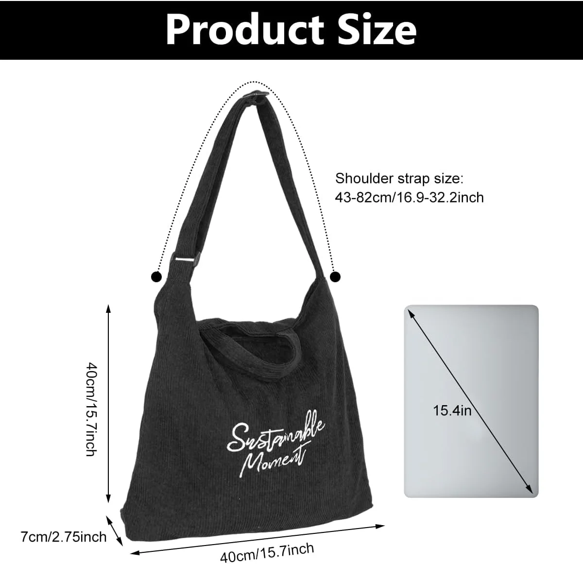 کیف دستی زنانه مخملی کبریتی، کیف بزرگ دوشی با زیپ و جیب داخلی، کیف خرید روزمره قابل استفاده مجدد برای کار، مدرسه، دانشگاه و مسافرت