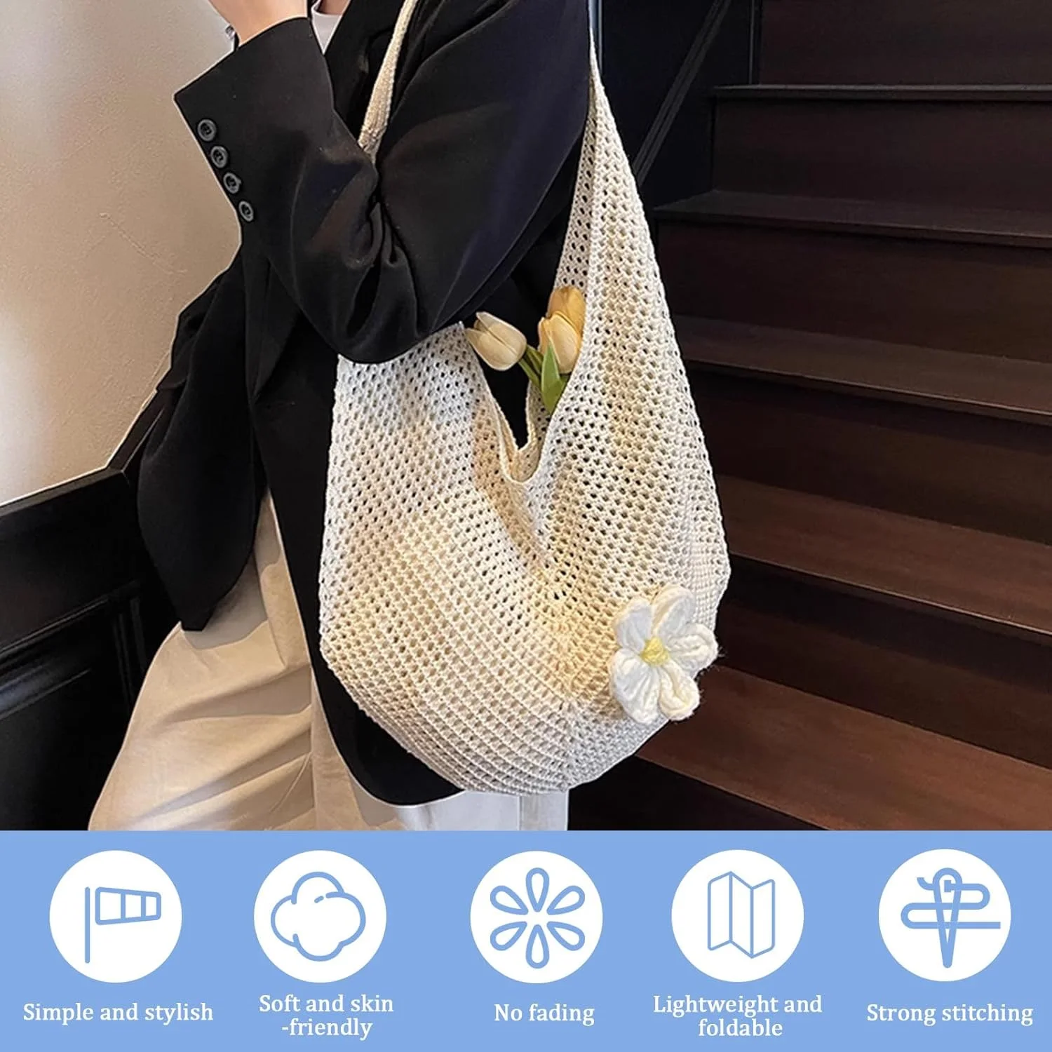 کیف ساحلی بافتنی بوهو زنانه، کیف بزرگ توری بافتنی شانه ای، کیف دستی بافته شده سبک وزن، کیف مسافرتی تاشو تابستانی برای ساحل، خرید، تعطیلات، استفاده روزانه