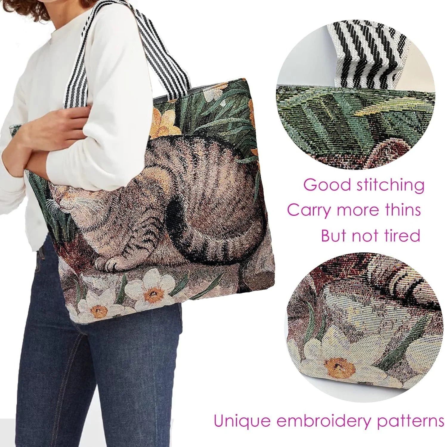 کیف دستی بوم طرح گربه، کیف شانه ای زیبا با زیپ برای خانم ها، کیف دستی بوم سنگین و قابل استفاده مجدد با طرح قدیمی برای خرید مواد غذایی، کیف دستی پارچه ای با طرح و جیب