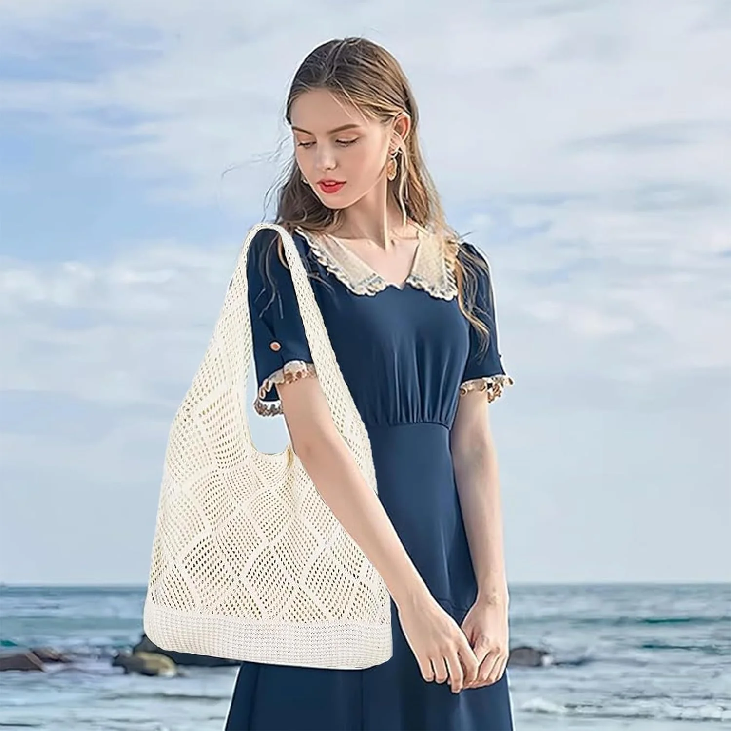 کیف بافتنی زنانه، کیف ساحلی بافته شده، طراحی مینیمالیستی شهری، ایده آل برای تعطیلات تابستانی، سفرهای خرید، گردش های ساحلی و استفاده روزانه