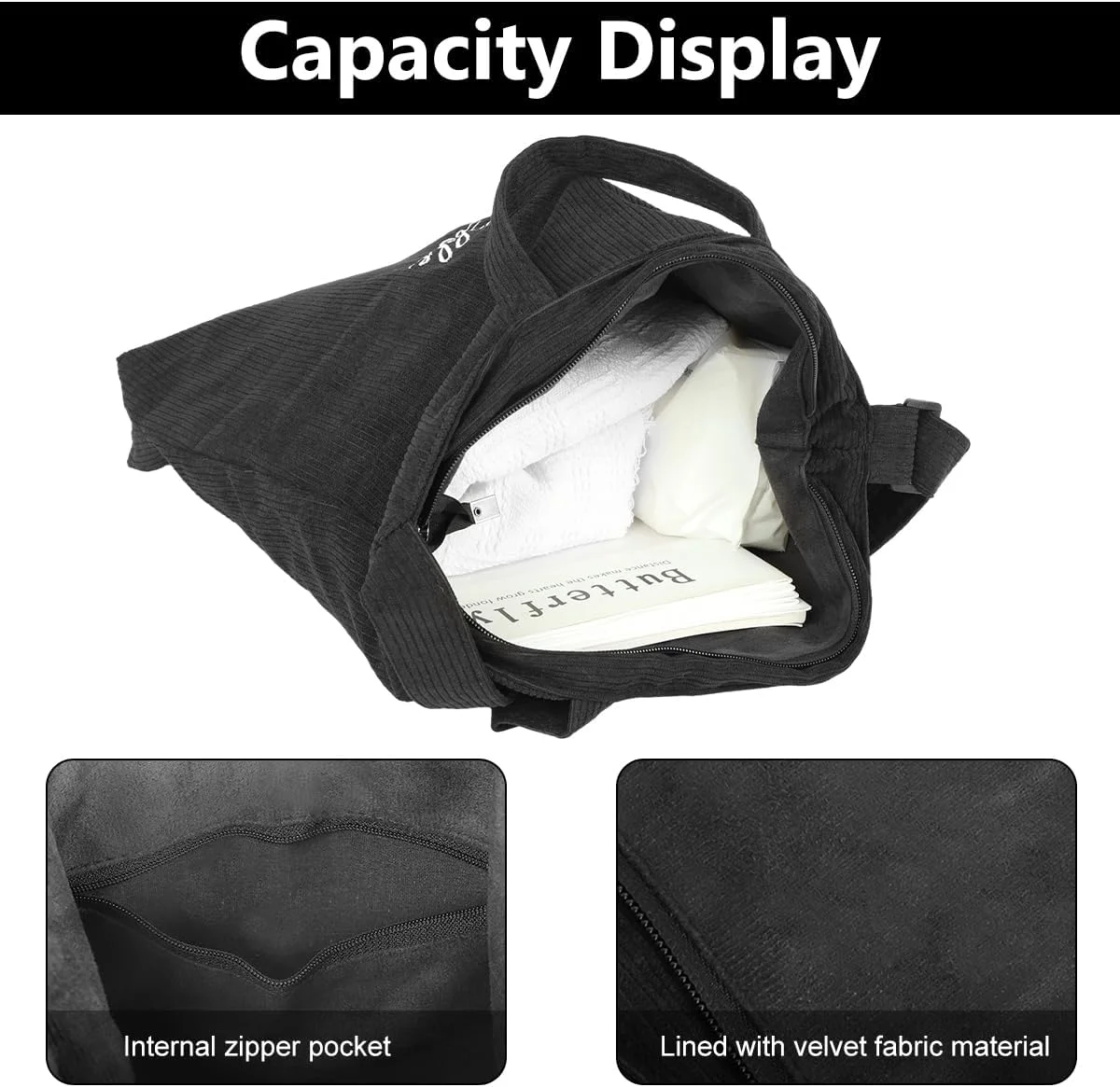 کیف دستی زنانه مخملی کبریتی، کیف بزرگ دوشی با زیپ و جیب داخلی، کیف خرید روزمره قابل استفاده مجدد برای کار، مدرسه، دانشگاه و مسافرت