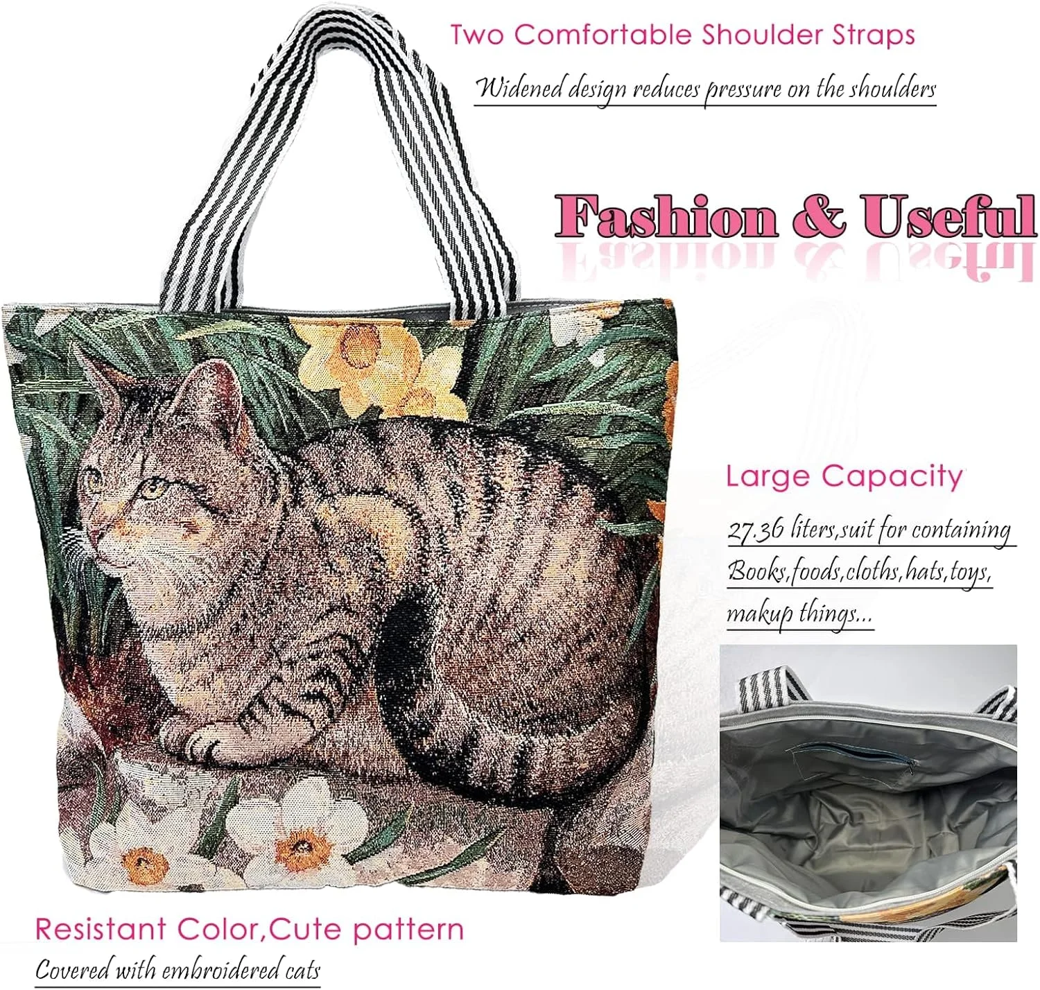 کیف دستی بوم طرح گربه، کیف شانه ای زیبا با زیپ برای خانم ها، کیف دستی بوم سنگین و قابل استفاده مجدد با طرح قدیمی برای خرید مواد غذایی، کیف دستی پارچه ای با طرح و جیب