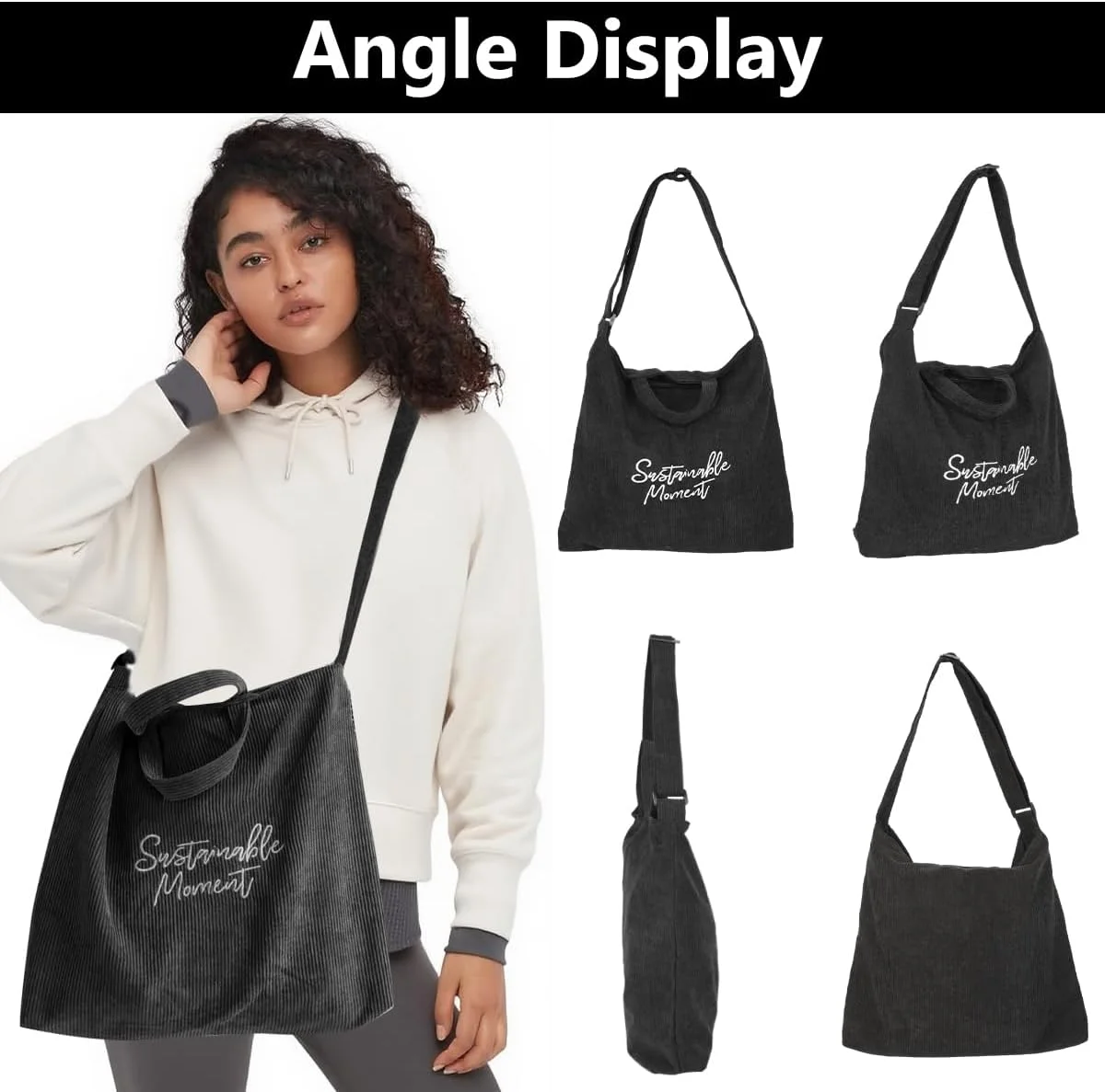 کیف دستی زنانه مخملی کبریتی، کیف بزرگ دوشی با زیپ و جیب داخلی، کیف خرید روزمره قابل استفاده مجدد برای کار، مدرسه، دانشگاه و مسافرت