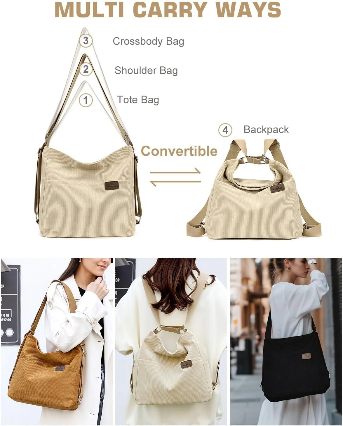 کیف دستی مخملی کبریتی زنانه، کیف کوله پشتی تبدیل‌شونده، کیف دوشی و کیف یک‌طرفه با جیب‌ها و محفظه‌های متعدد