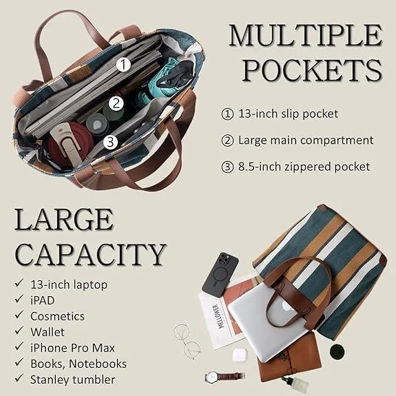 کیف بزرگ زنانه مناسب کار با محفظه لپتاپ، کیف دوشی برزنتی برای استفاده روزمره و اداری، فضای جادار 24 لیتری با جیبهای متعدد، برزنت مقاوم در برابر آب با جزئیات چرم مصنوعی کیف بزرگ زنانه مناسب کار با محفظه لپتاپ، کیف دوشی برزنتی برای استفاده روزمره و اداری، فضای جادار 24 لیتری با جیبهای متعدد، برزنت مقاوم در برابر آب با جزئیات چرم مصنوعی