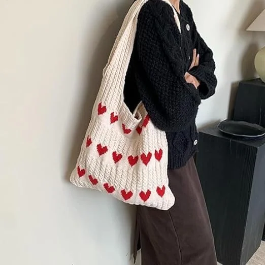 کیف دستی بافتنی قلبی زنانه، کیف شانه ای Y2K، کیف دستی مد روز، کیف ساحلی زیبا برای زنان و دختران کیف دستی بافتنی قلبی زنانه، کیف شانه ای Y2K، کیف دستی مد روز، کیف ساحلی زیبا برای زنان و دختران