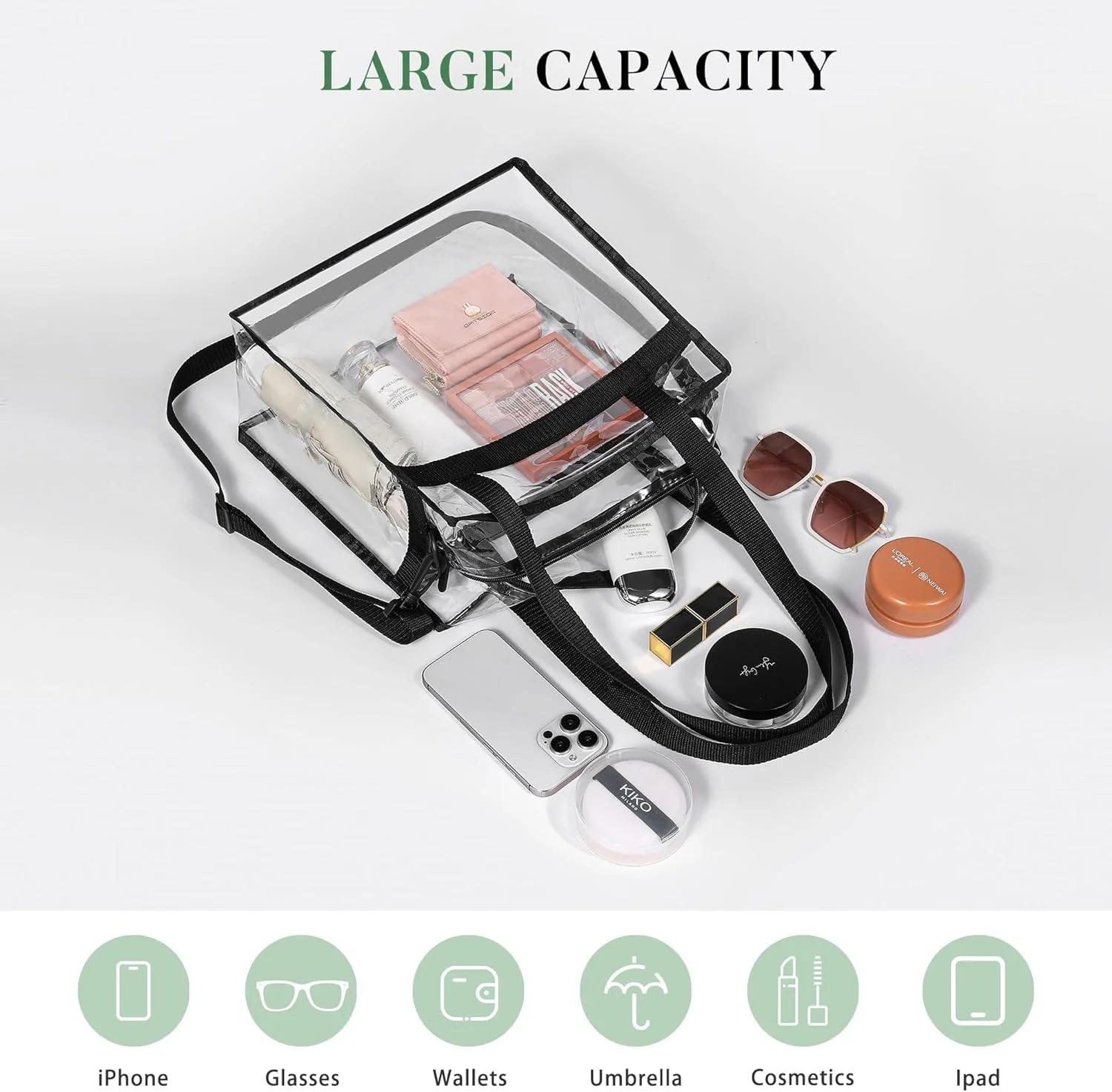 کیف دستی شفاف مورد تایید استادیوم، کیف دستی شفاف، کیف دستی ضد آب ساحلی - کیف دوشی پیام رسان کراس بادی با زیپ و بند قابل تنظیم، ایده آل برای رویدادها و استفاده روزمره