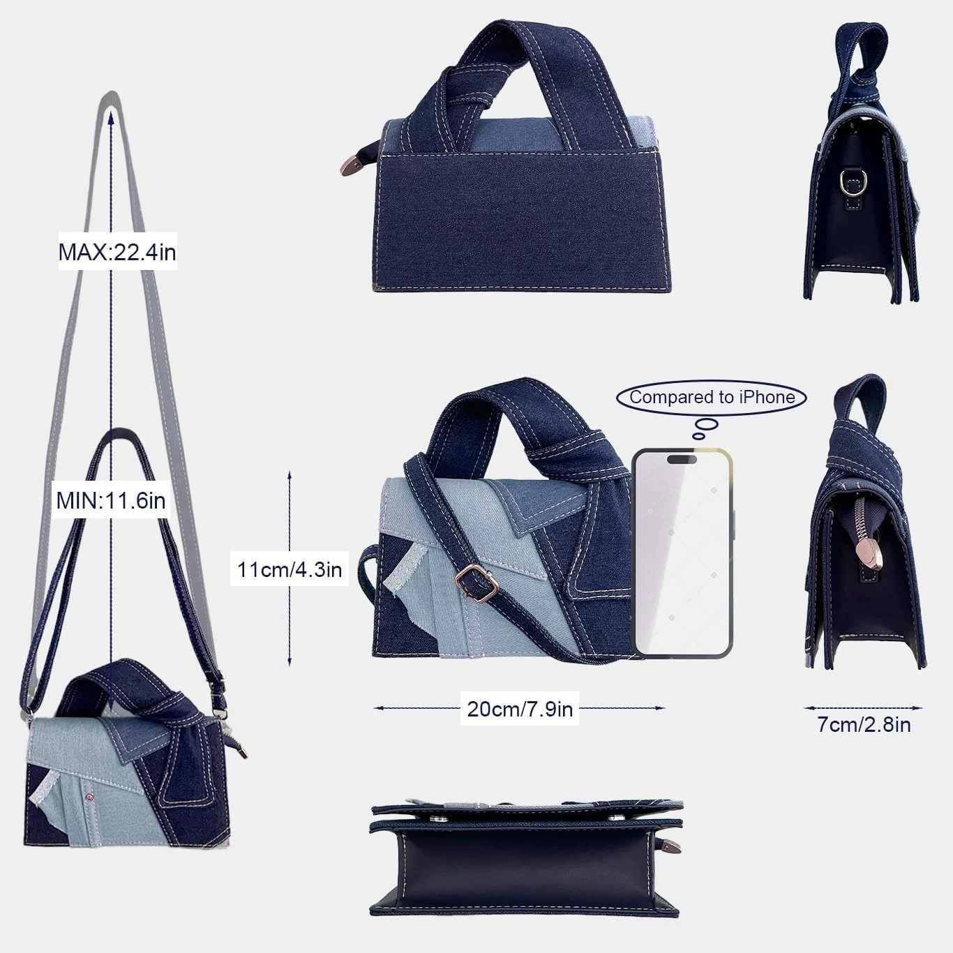 کیف دوشی زنانه جین، کیف دستی مربعی کوچک تکه دوزی شده با بافت عالی کیف دوشی زنانه جین، کیف دستی مربعی کوچک تکه دوزی شده با بافت عالی