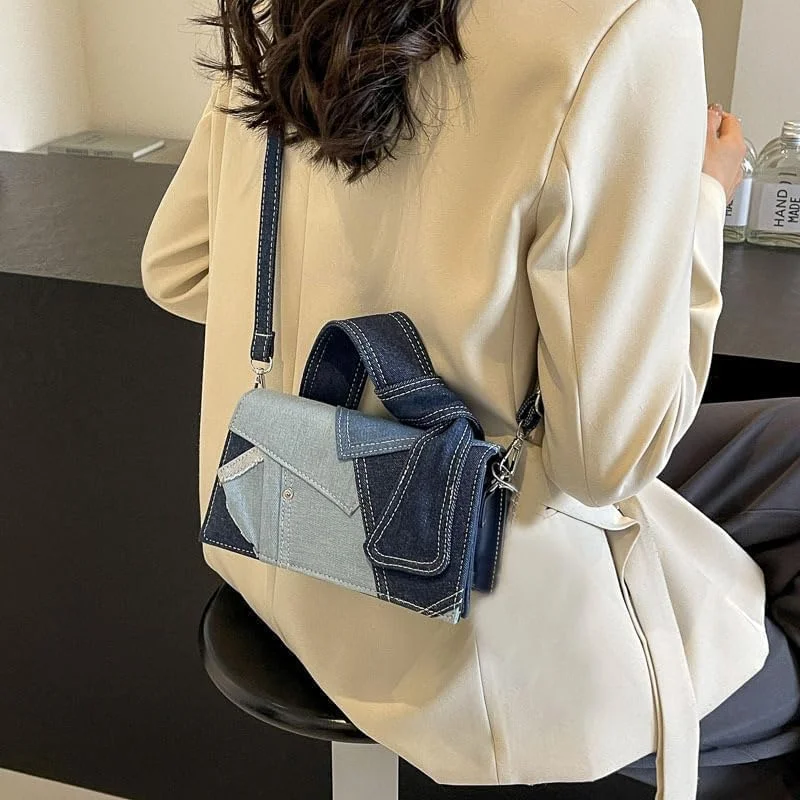 کیف دوشی زنانه جین، کیف دستی مربعی کوچک تکه دوزی شده با بافت عالی کیف دوشی زنانه جین، کیف دستی مربعی کوچک تکه دوزی شده با بافت عالی