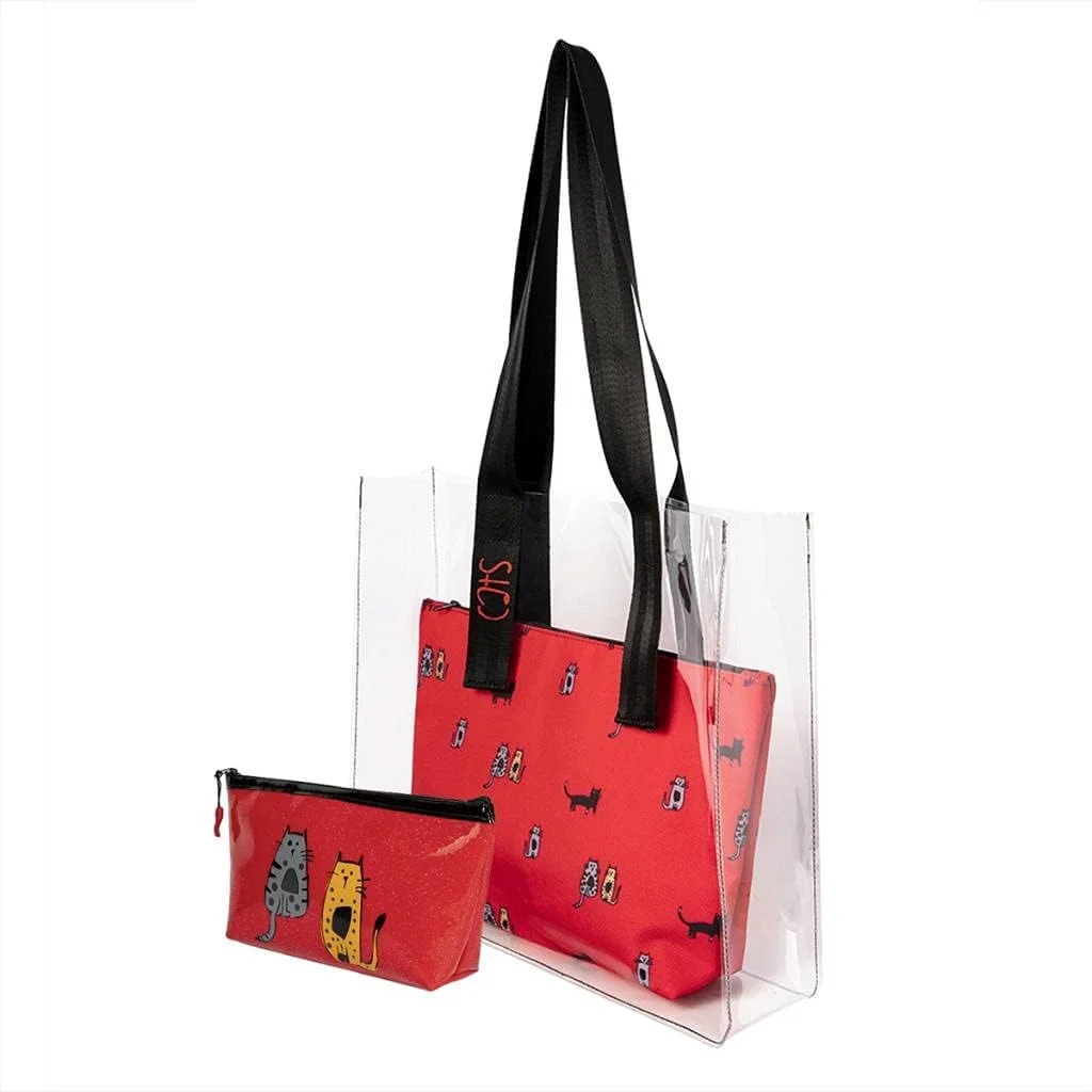کیف شفاف گربه‌های بیگ دیزاین، بزرگ، کیف ساحلی ضد آب، کیف‌های شفاف برای زنان، مناسب حمل به ساحل، استخر، خرید و مسافرت، مجموعه 3 عددی