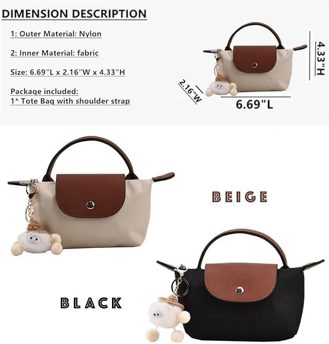 کیف دستی کوچک زنانه، کیف شانه ای نایلونی ضد آب شیک با دسته بالایی و زنجیر، کیف تاشو زیپ دار با بند برای کار، خرید و مسافرت